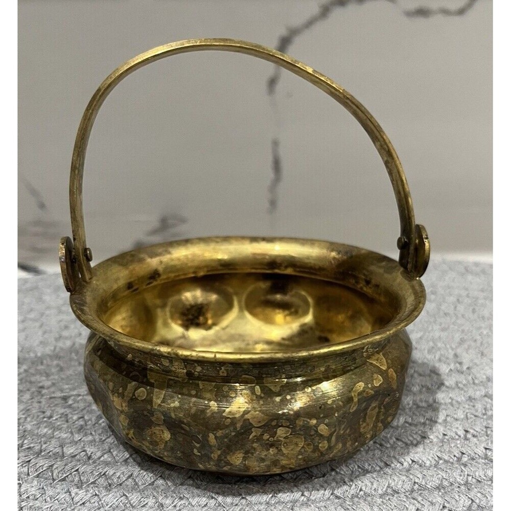 Vintage Brass Embossed Metal 4" Mini Basket Adjustable Handle India MCM Patina